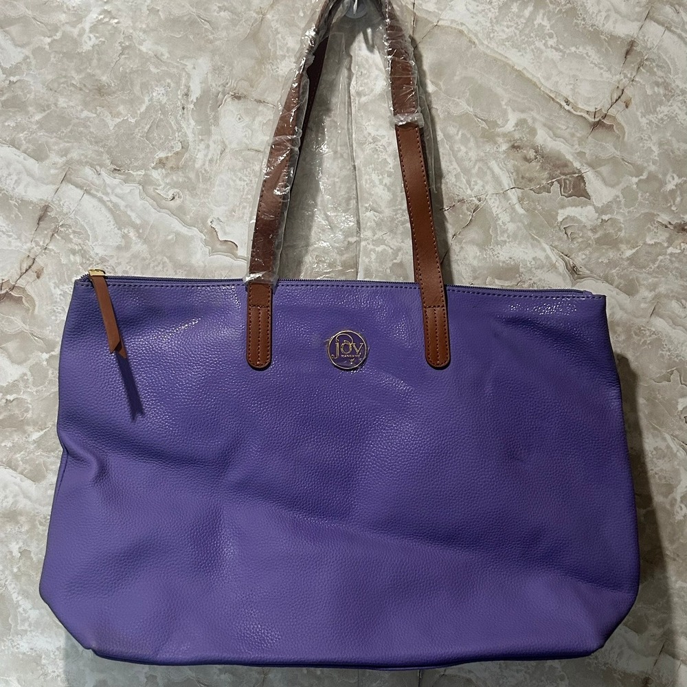 JOY JOY Handbags Purple Faux Leather Tote Bag with Brown Straps‎